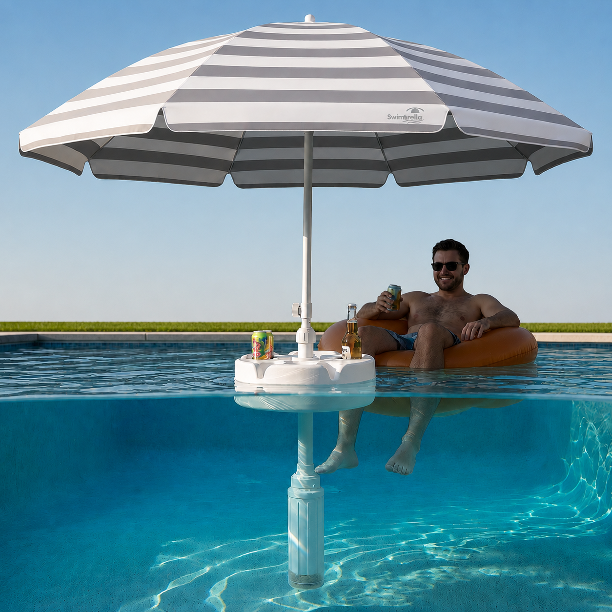 Swimbrella floating pool umbrella providing shade while relaxing in a swimming pool