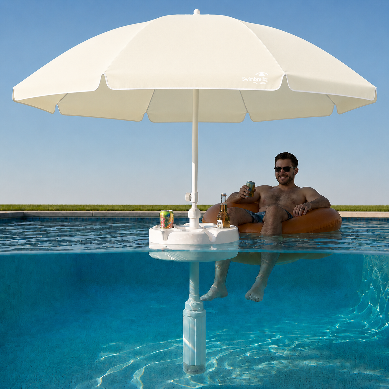 Swimbrella floating pool umbrella providing shade while relaxing in a swimming pool