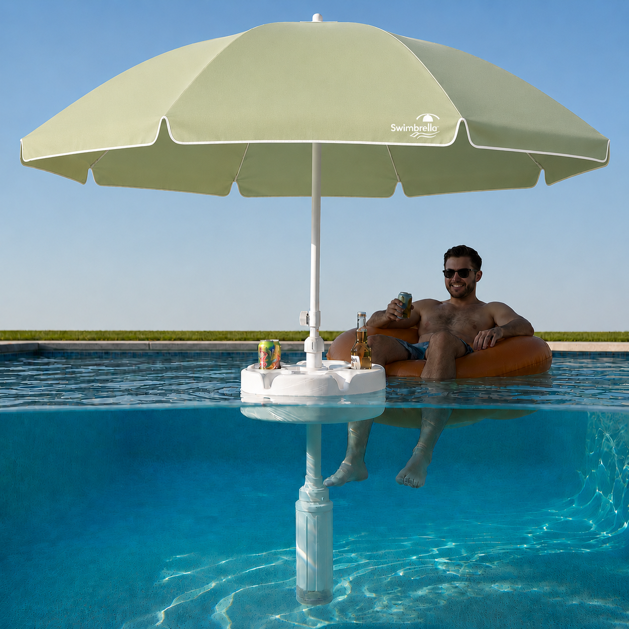Swimbrella floating pool umbrella providing shade while relaxing in a swimming pool