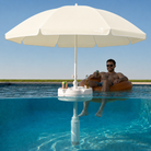 Swimbrella floating pool umbrella providing shade while relaxing in a swimming pool